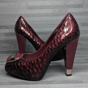 BCBGirls Purple Snake Embossed Open Peep Toe Heels